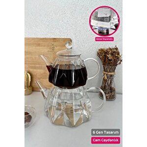 6 Gen Borasilikat Cam Çaydanlık Takımı Still Tasarım Çelik Filtre Ateşe Dayanıklı Demlik 1450ml.