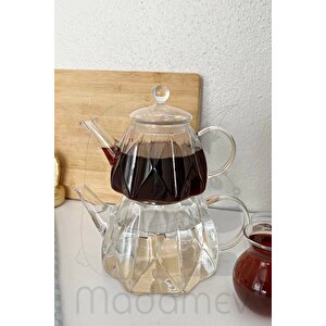 6 Gen Borasilikat Cam Çaydanlık Takımı Still Tasarım Çelik Filtre Ateşe Dayanıklı Demlik 1450ml.