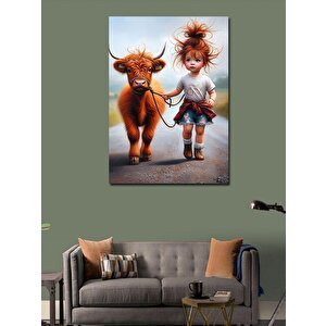 Kanvas Tablo Yavru Buzağı Ve Kız Çocuğu 70x100 cm