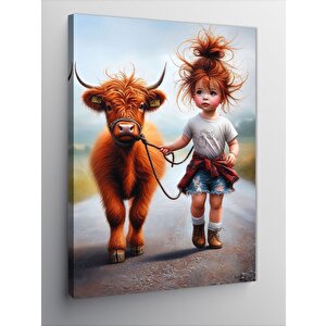 Kanvas Tablo Yavru Buzağı Ve Kız Çocuğu 100x140 cm