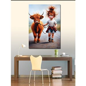 Kanvas Tablo Yavru Buzağı Ve Kız Çocuğu 100x140 cm