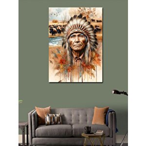 Kanvas Tablo Kızılderili Adam Ve Bizonlar 100x140 cm
