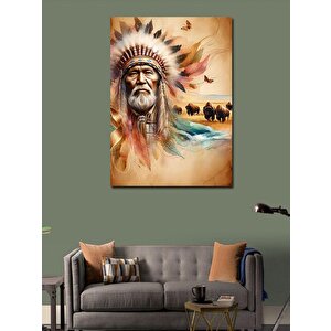 Kanvas Tablo Kızılderili Adam Ve Bizonlar 70x100 cm