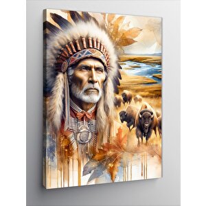 Kanvas Tablo Kızılderili Adam Ve Bizonlar 100x140 cm