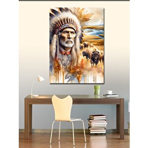 Kanvas Tablo Kızılderili Adam Ve Bizonlar 100x140 cm
