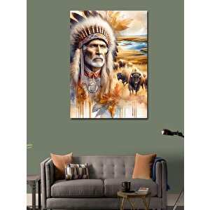 Kanvas Tablo Kızılderili Adam Ve Bizonlar 70x100 cm