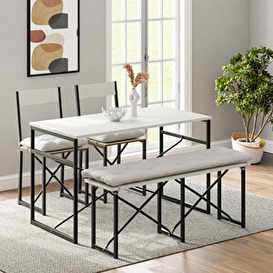 Mutfak Masası Minderli Bank 120x60 Masa Set 2 Adet Sandalye Yemek Masası Beyaz 1550