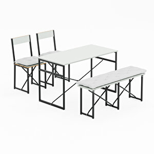 Mutfak Masası Minderli Bank 120x60 Masa Set 2 Adet Sandalye Yemek Masası Beyaz 1550