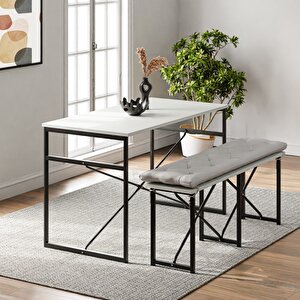 Masa Takımı Bench Bank Minderli Masa Seti 120x60 Mutfak Ve Yemek Masası Beyaz 1563