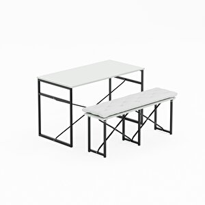 Masa Takımı Bench Bank Minderli Masa Seti 120x60 Mutfak Ve Yemek Masası Beyaz 1563
