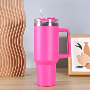 Kulplu Pipetli Çelik Termos, Pembe, 27x15 Pembe