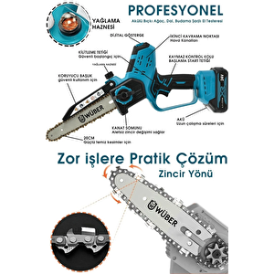 Pro Germany Kömürsüz Motor Dijital Gösterge Otomatik Yağlamalı Şarjlı El Testeresi Odun Dal Kesme