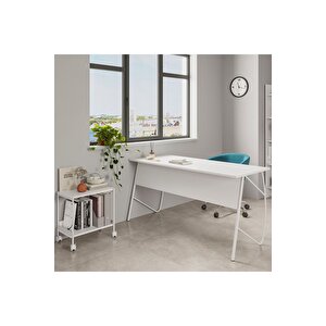 Lagomood Ella Çalışma Masası 150cm + Ella Tekerlekli Sehpa Takım Beyaz Beyaz