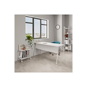 Lagomood Ella Çalışma Masası 150cm + Ella Tekerlekli Sehpa Takım Beyaz Beyaz