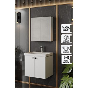 Mimoza 60 Cm Mdf,lavabolu,aynalı Banyo Dolabı Seti,seramik Lavabo Dahil Beyaz Mdf