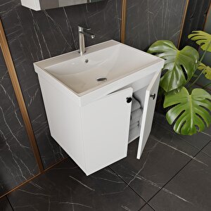 Mimoza 60 Cm Mdf,lavabolu,aynalı Banyo Dolabı Seti,seramik Lavabo Dahil Beyaz Mdf