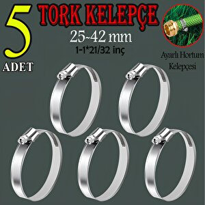Hortum Kelepçesi Tork Ayarlı 25x42 Mm Paslanmaz Çelik Boru Metal Kelepçe Ayarlanabilir Klips  5 Adet