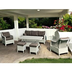 Ronda 3+1+1+2puf+masa Rattan Bahçe Balkon Mobilyası Beyaz Örgü