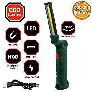 El Feneri Led Katlanır Usb Şarjlı Taşınabilir Kamp Lambası Beyaz Işık Mıknatıslı 200 Lümen