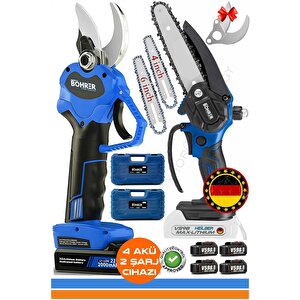 Alman Blue V598 5000mah 30mm Akülü Budama Makası + 15 Cm Akülü Budama Testeresi, +4 Adet Batarya