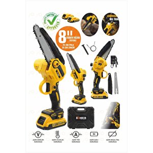 Dxr869 Akülü Yellow 88vf Kömürsüz Motor 8'' Kama 25 Cm Zincir Odun Kesme-dal Budama Testere Makinesi