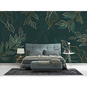 Altın Çizgili Yeşil Yaprak Duvar Kağıdı - Dkm499009 325x200 cm