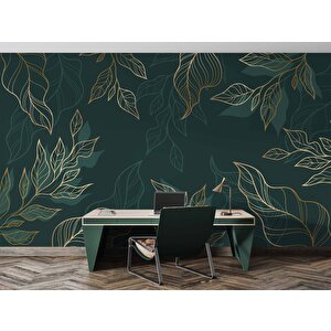 Altın Çizgili Yeşil Yaprak Duvar Kağıdı - Dkm499098