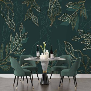 Altın Çizgili Yeşil Yaprak Duvar Kağıdı - Dkm499098