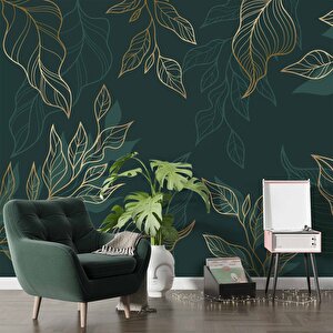 Altın Çizgili Yeşil Yaprak Duvar Kağıdı - Dkm499118