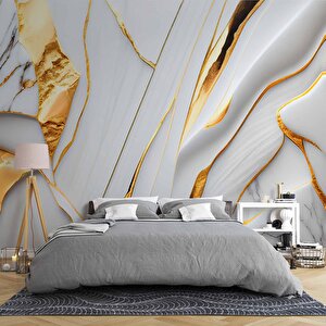 3 Boyutlu Gri Mermer Altın Varak Desenli Duvar Kağıdı - Dkm811073 350x280 cm