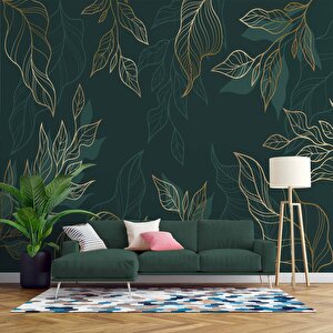 Altın Çizgili Yeşil Yaprak Duvar Kağıdı - Dkm499089 225x300 cm
