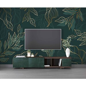 Altın Çizgili Yeşil Yaprak Duvar Kağıdı - Dkm499089 225x300 cm
