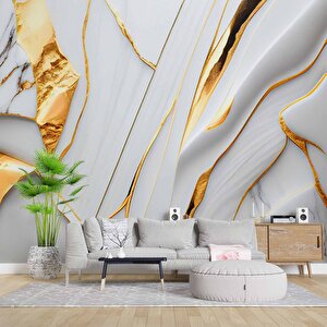 3 Boyutlu Gri Mermer Altın Varak Desenli Duvar Kağıdı - Dkm811042 800x240 cm