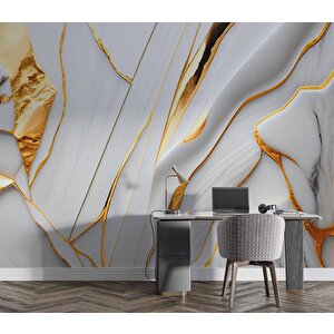 3 Boyutlu Gri Mermer Altın Varak Desenli Duvar Kağıdı - Dkm811042