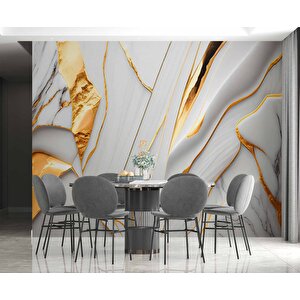 3 Boyutlu Gri Mermer Altın Varak Desenli Duvar Kağıdı - Dkm811042