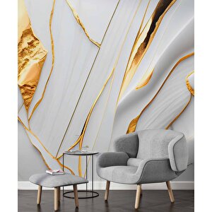 3 Boyutlu Gri Mermer Altın Varak Desenli Duvar Kağıdı - Dkm811046