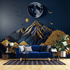 3d Kabartma Görünmlü Dağ Ve Ay Temalı Duvar Kağıdı Baskı - Dkm532044 100x260 cm
