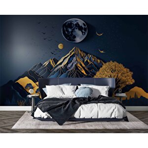 3d Kabartma Görünmlü Dağ Ve Ay Temalı Duvar Kağıdı Baskı - Dkm532044 100x260 cm