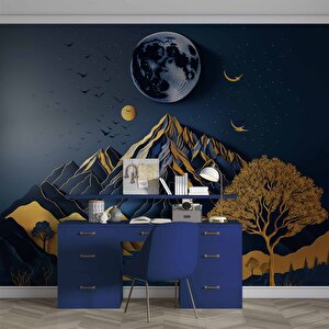 3d Kabartma Görünmlü Dağ Ve Ay Temalı Duvar Kağıdı Baskı - Dkm532044