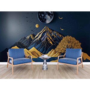 3d Kabartma Görünmlü Dağ Ve Ay Temalı Duvar Kağıdı Baskı - Dkm532044