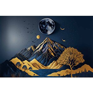 3d Kabartma Görünmlü Dağ Ve Ay Temalı Duvar Kağıdı Baskı - Dkm532044