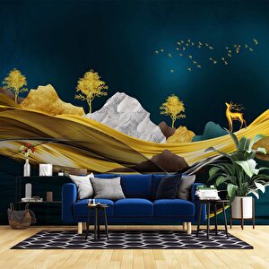 Moder Lacivert Gold Sanatsal Manzara Duvar Kağıdı Baskı - Dkm-026_68116 800x240 cm
