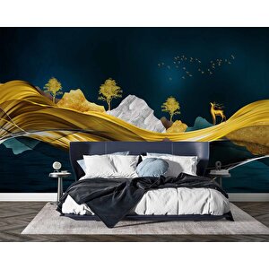 Moder Lacivert Gold Sanatsal Manzara Duvar Kağıdı Baskı - Dkm-026_68116 800x240 cm
