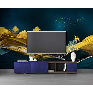 Moder Lacivert Gold Sanatsal Manzara Duvar Kağıdı Baskı - Dkm-026_68116 800x240 cm