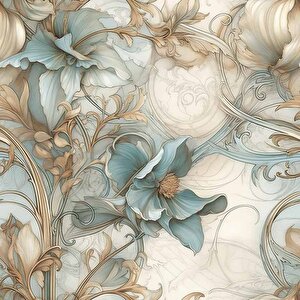 Turkuaz Çiçek Desenli Duvar Kağıdı - Dkm800083