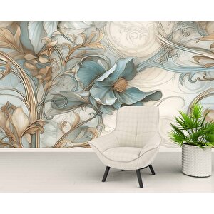 Turkuaz Çiçek Desenli Duvar Kağıdı - Dkm800071