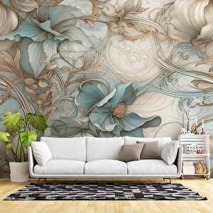 Turkuaz Çiçek Desenli Duvar Kağıdı - Dkm800028 275x240 cm