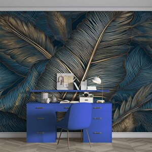 Mavi Tonlu Altın Yaprak Desenli Duvar Kağıdı - Dkm876076