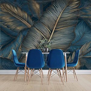 Mavi Tonlu Altın Yaprak Desenli Duvar Kağıdı - Dkm876076