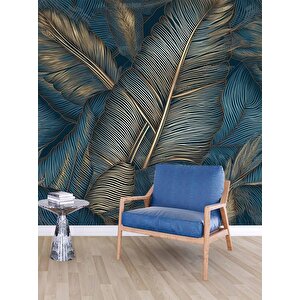 Mavi Tonlu Altın Yaprak Desenli Duvar Kağıdı - Dkm876076